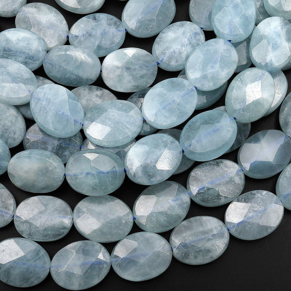 Natural Blue Aquamarine Faceted Oval Beads 15.5" Strand