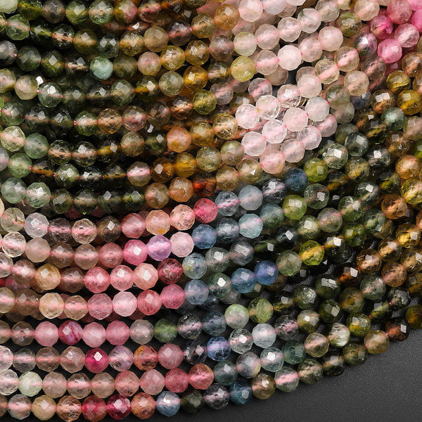 Natural Rainbow Tourmaline Micro Faceted 4mm Round Multicolor Pink Green Blue Cognac Gemstone Beads 15.5" Strand
