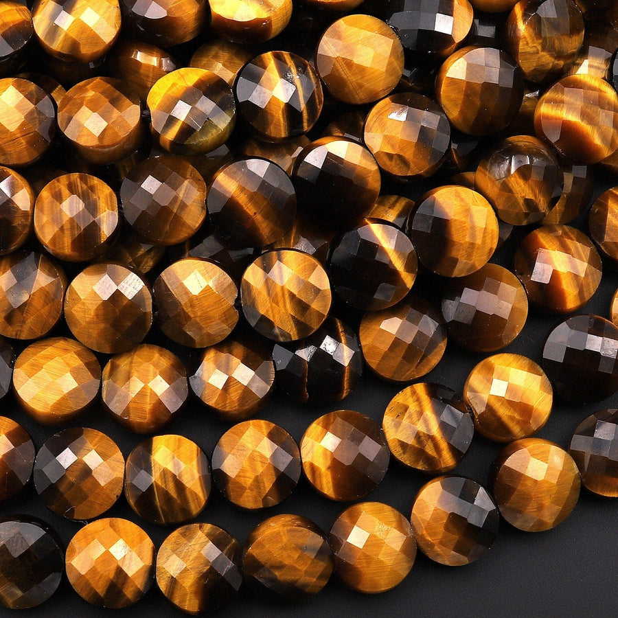 AAA Faceted Natural Golden Brown Tiger's Eye 6mm 8mm 10mm Coin Beads Gemstone 15.5" Strand