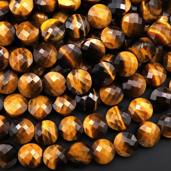 AAA Faceted Natural Golden Brown Tiger's Eye 6mm 8mm 10mm Coin Beads Gemstone 15.5" Strand