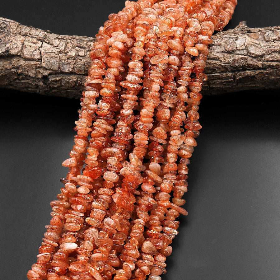 Natural Orange Sunstone Freeform Pebble Chip Beads Sparkling Golden Feldspar 15.5" Strand