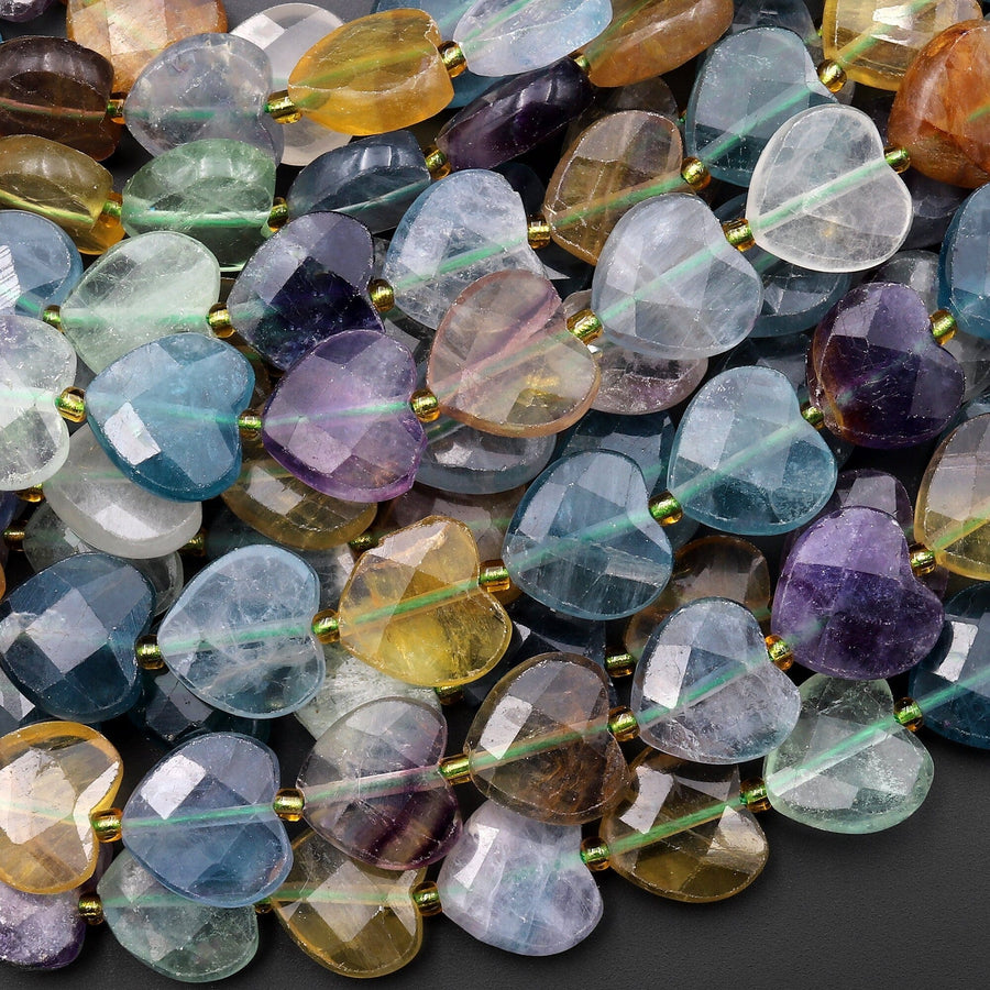 Natural Fluorite Faceted Heart Beads 12mm Gemstone 15.5" Purple Blue Green Golden Gemstone Strand