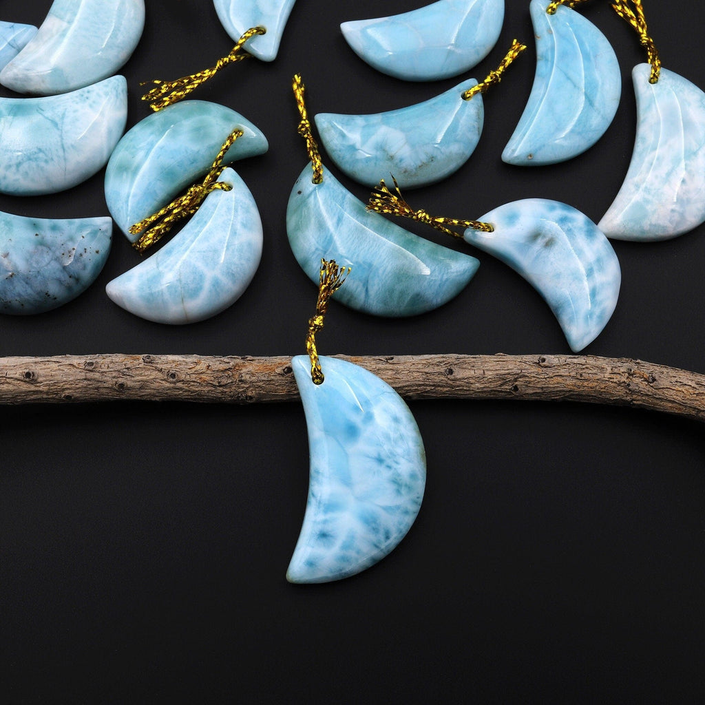 Natural Blue Larimar Moon Pendant Drilled Genuine Real Blue Larimar Gemstone Focal Bead