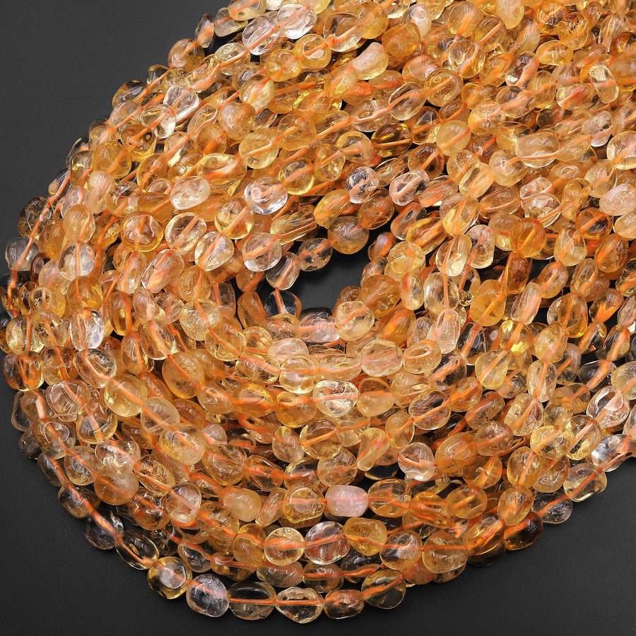 Natural Golden Yellow Citrine Beads Freeform Pebble Nugget Gemstone 15.5" Strand