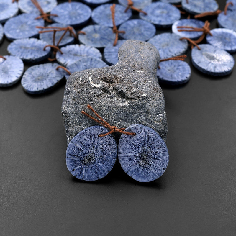 Natural Blue Sponge Coral Earring Pair Cabochon Cab Circle Coin Gemstone Bead Pair