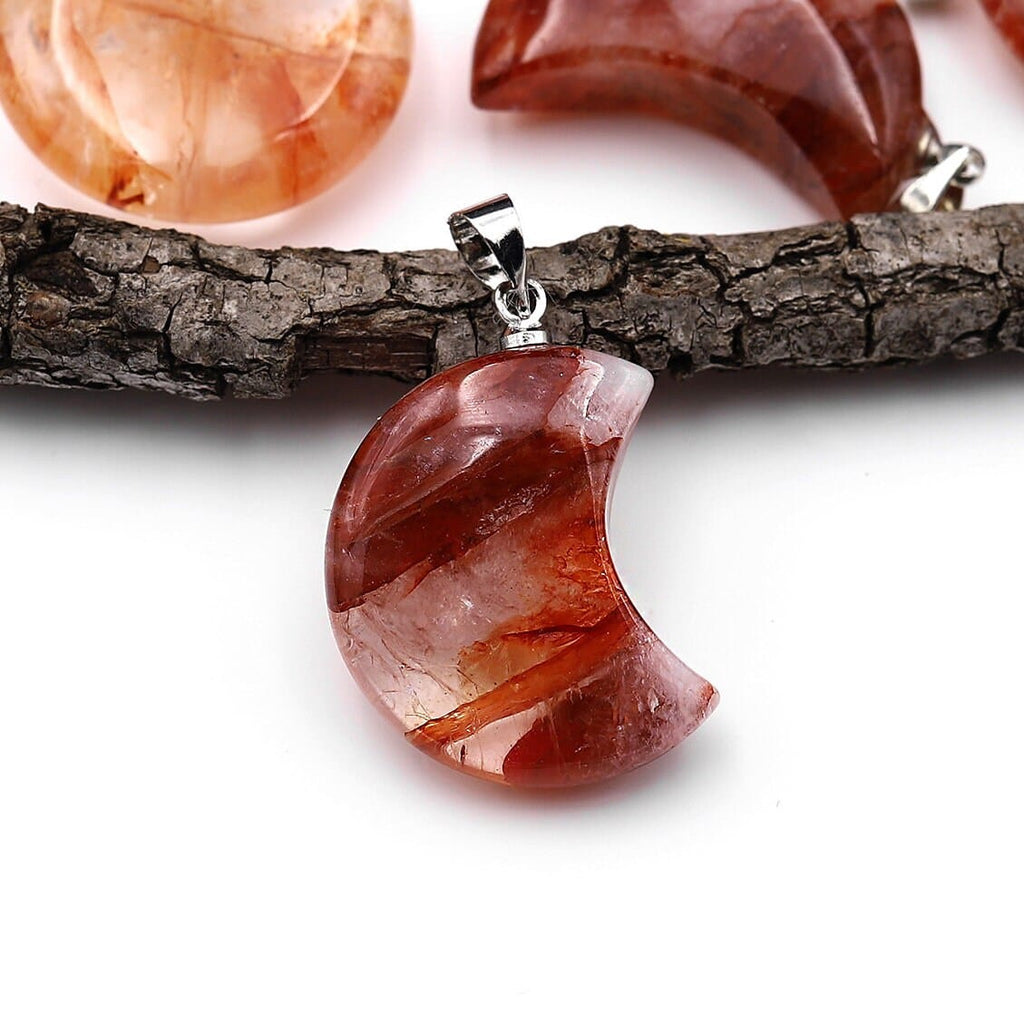 Natural Red Lepidocrocite Quartz Moon Pendant Gemstone A1