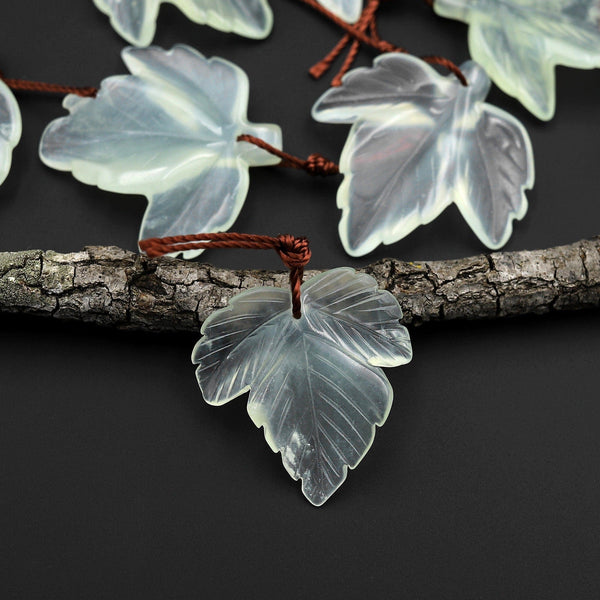 Hand Carved Natural Light Green Serpentine Jade Maple Leaf Pendant Bead Drilled Gemstone