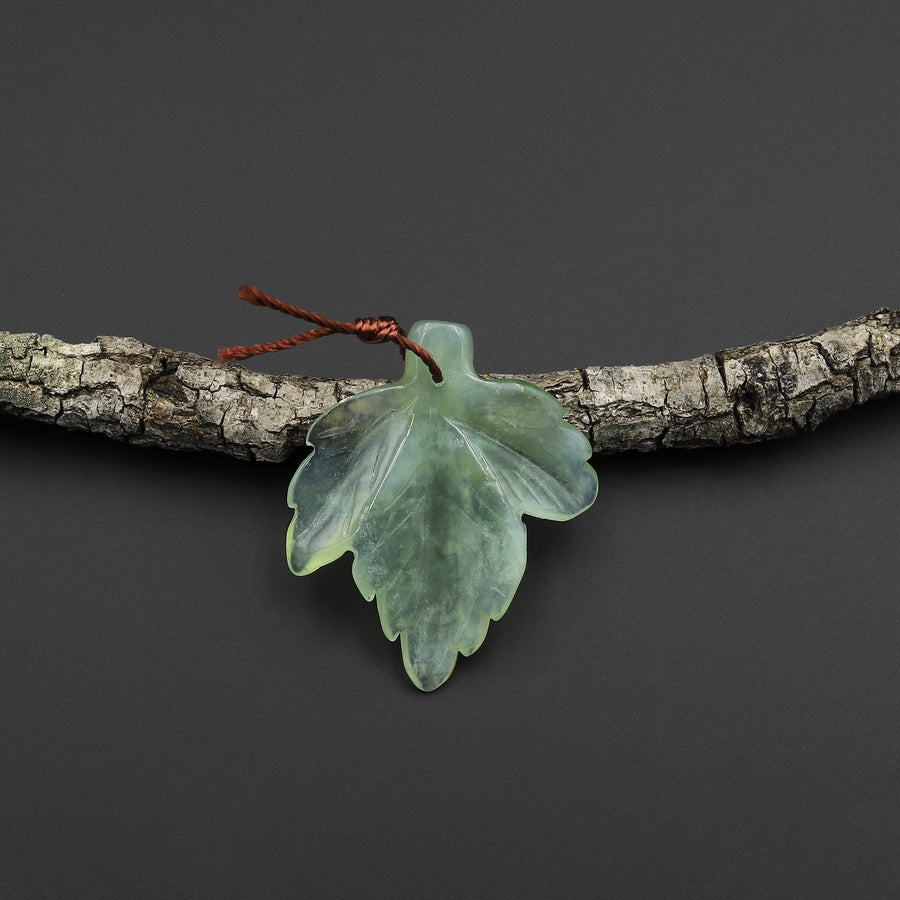 AAA Hand Carved Translucent Natural Green Serpentine Jade Maple Leaf Pendant Bead Drilled Gemstone