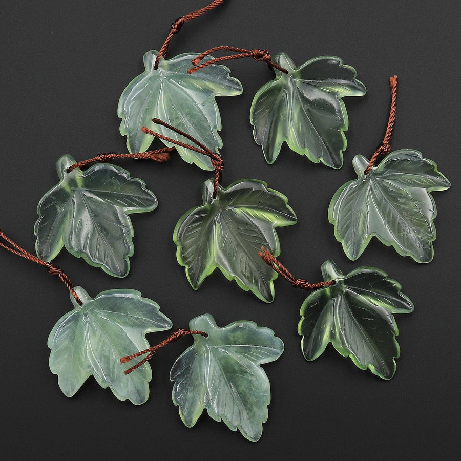 AAA Hand Carved Translucent Natural Green Serpentine Jade Maple Leaf Pendant Bead Drilled Gemstone