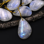 Natural Rainbow Moonstone Freeform Teardrop Pendant Drilled Gemstone Focal Bead