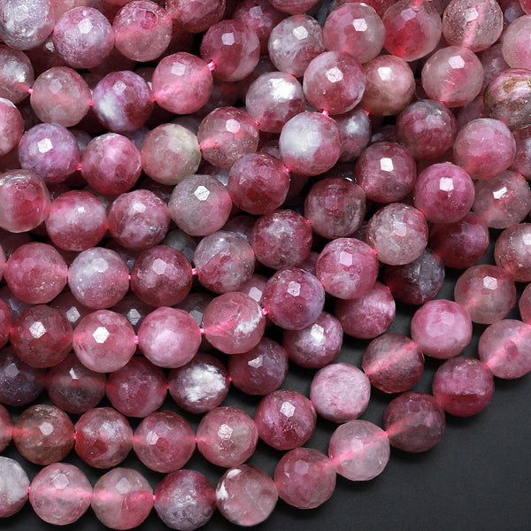 Faceted Natural Pink Tourmaline 8mm Round Beads Diamond Cut Gemstone 15.5" Strand
