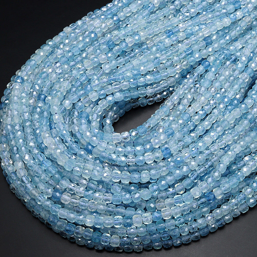 AAA Natural Blue Aquamarine Faceted 4mm Cube Beads Laser Diamond Cut Gemstone 15.5" Strand
