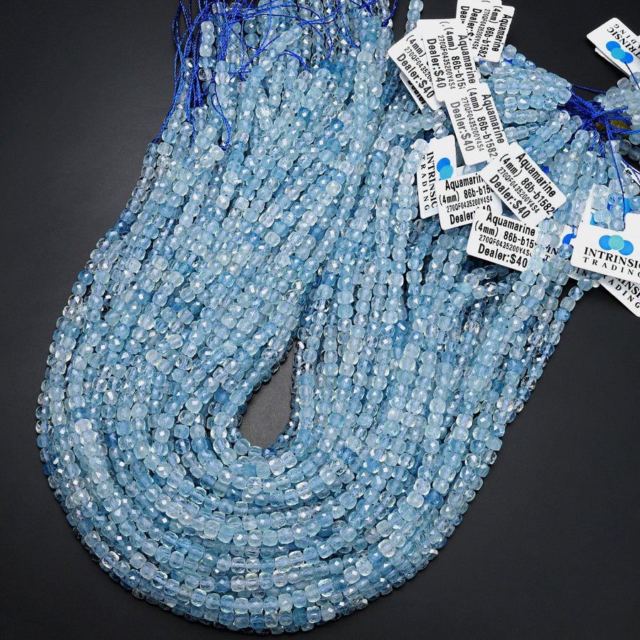 AAA Natural Blue Aquamarine Faceted 4mm Cube Beads Laser Diamond Cut Gemstone 15.5" Strand