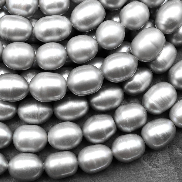 Large Shimmering Silver Oval Potato Genuine Freshwater Pearl 15.5" Strand