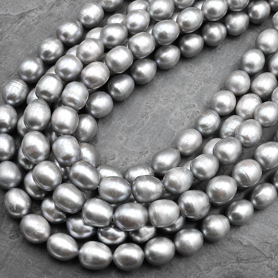 Large Shimmering Silver Oval Potato Genuine Freshwater Pearl 15.5" Strand
