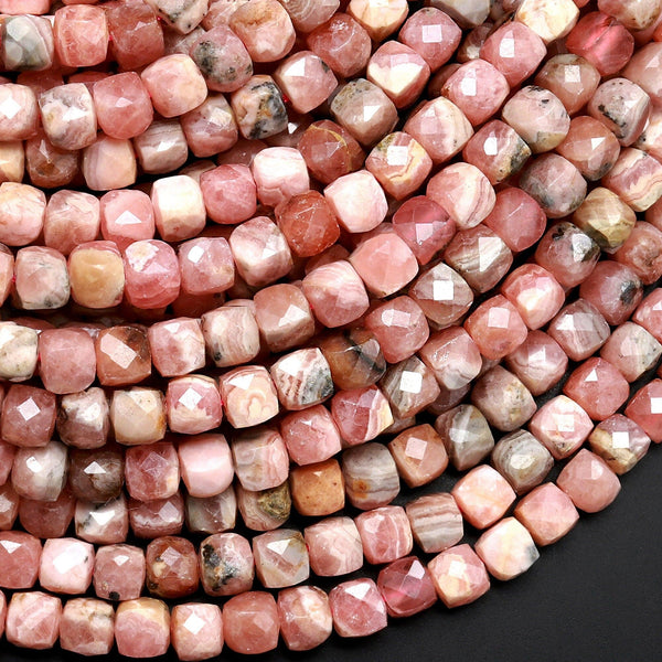 Natural Pink Rhodochrosite Faceted 4mm Cube Gemstone Beads 15.5" Strand
