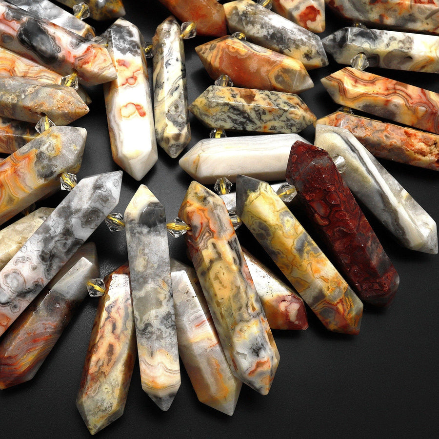 Large Natural Crazy Lace Agate Beads Top Side Drilled Double Terminated Crystal Focal Point Pendants 15.5" Strand