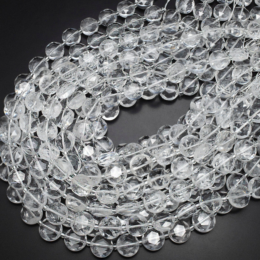AAA Super Clear Real Genuine Natural Rock Crystal Quartz 12mm Faceted Coin Beads 15.5" Strand