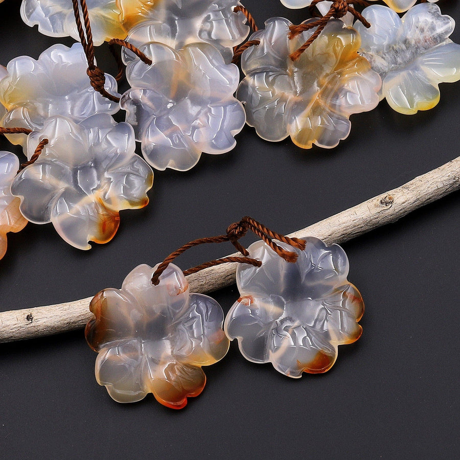 Hand Carved Natural Carnelian Flower Earring Pair Drilled Translucent Gemstone Matched Beads A1