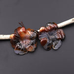 Hand Carved Natural Dark Carnelian Flower Earring Pair Drilled Gemstone Matched Beads