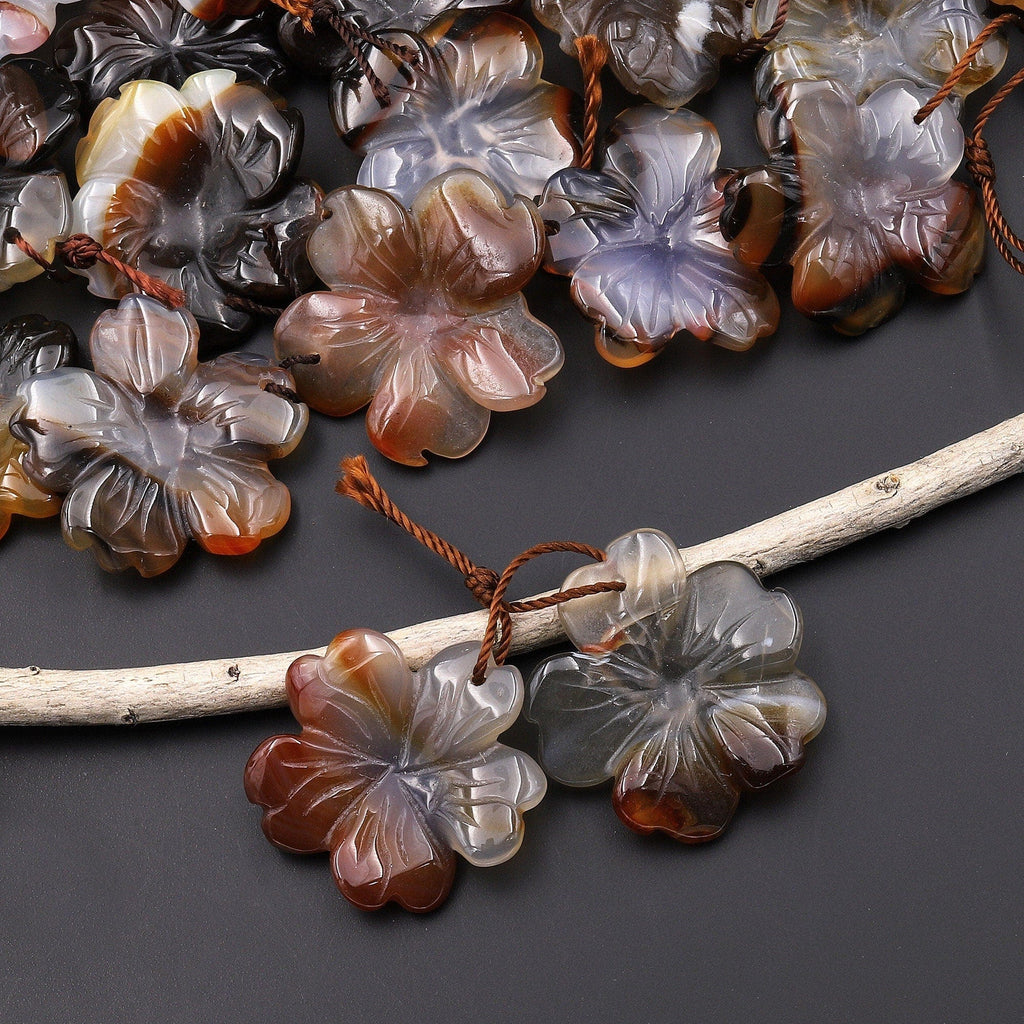 Hand Carved Natural Dark Carnelian Flower Earring Pair Drilled Gemstone Matched Beads