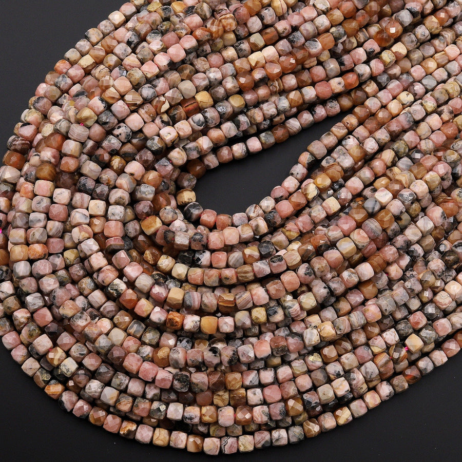 Natural Pink Brown Rhodochrosite Faceted 4mm Cube Gemstone Beads 15.5" Strand