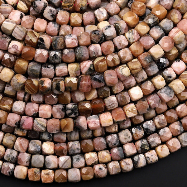 Natural Pink Brown Rhodochrosite Faceted 4mm Cube Gemstone Beads 15.5" Strand