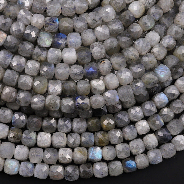 Natural Gray Labradorite Faceted 4mm Cube Gemstone Beads 15.5" Strand