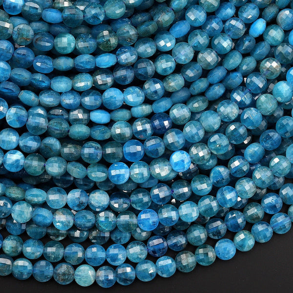 AAA Natural Teal Blue Apatite Faceted Coin 4mm Beads Gemstone 15.5" Strand