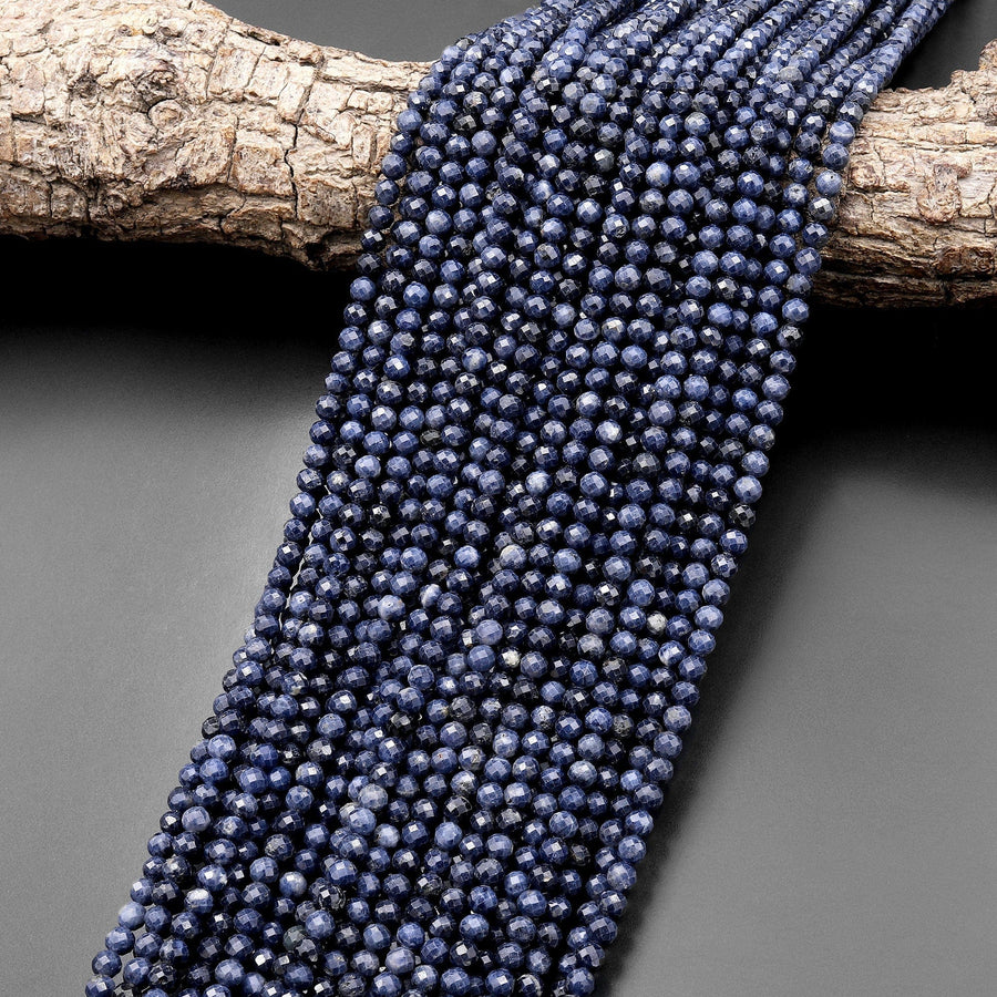 Faceted Natural Blue Sapphire Round Beads 3mm 4mm Genuine Gemstone 15.5" Strand