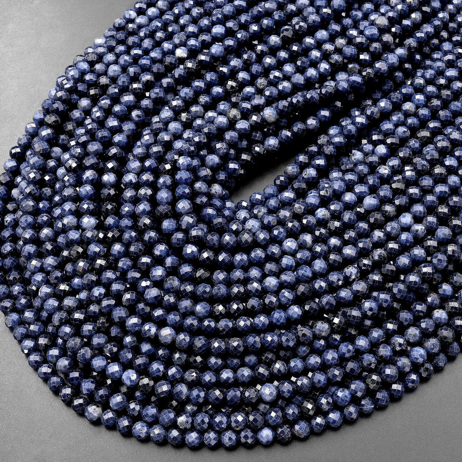 Faceted Natural Blue Sapphire Round Beads 3mm 4mm Genuine Gemstone 15.5" Strand