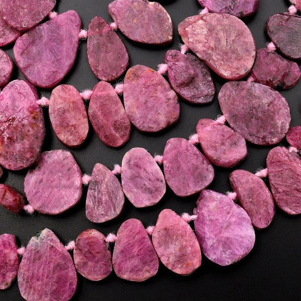 Real Genuine Natural Deep Red Pink Ruby Gemstone Large Flat Freeform Teardrop Slice Pendant Beads 15.5" Strand