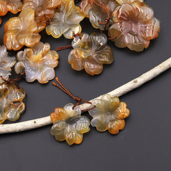 Hand Carved Natural Brown Yellow Carnelian Flower Earring Pair Drilled Translucent Gemstone Matched Beads