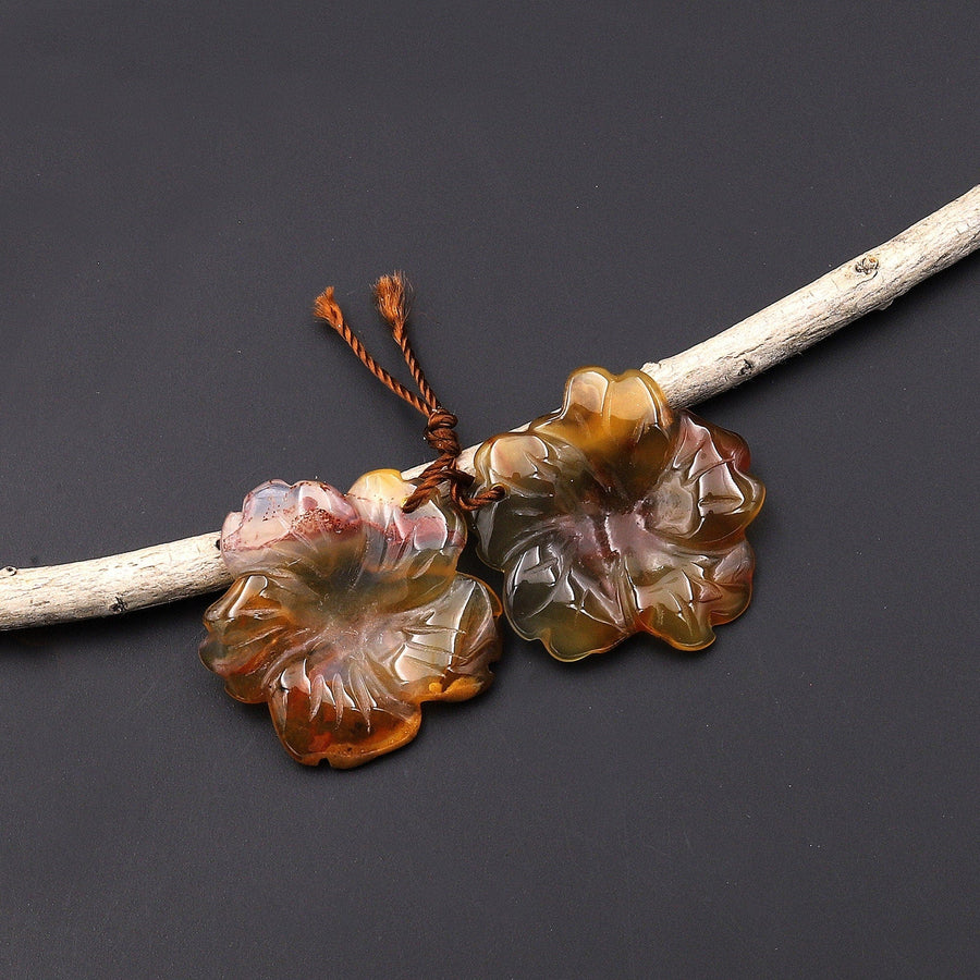 Hand Carved Natural Brown Yellow Carnelian Flower Earring Pair Drilled Translucent Gemstone Matched Beads A3
