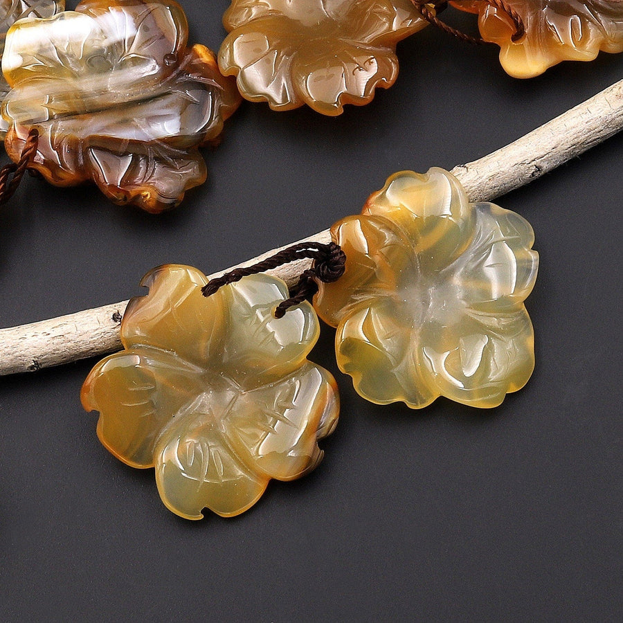 Hand Carved Natural Brown Yellow Carnelian Flower Earring Pair Drilled Translucent Gemstone Matched Beads A7