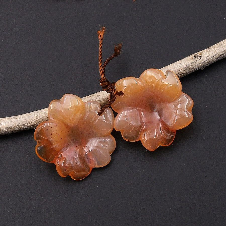 Hand Carved Natural Peach Orange Carnelian Flower Earring Pair Drilled Translucent Gemstone Matched Beads