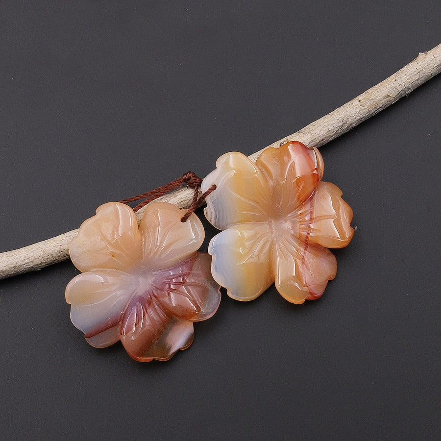 Hand Carved Natural Peach Orange Carnelian Flower Earring Pair Drilled Translucent Gemstone Matched Beads