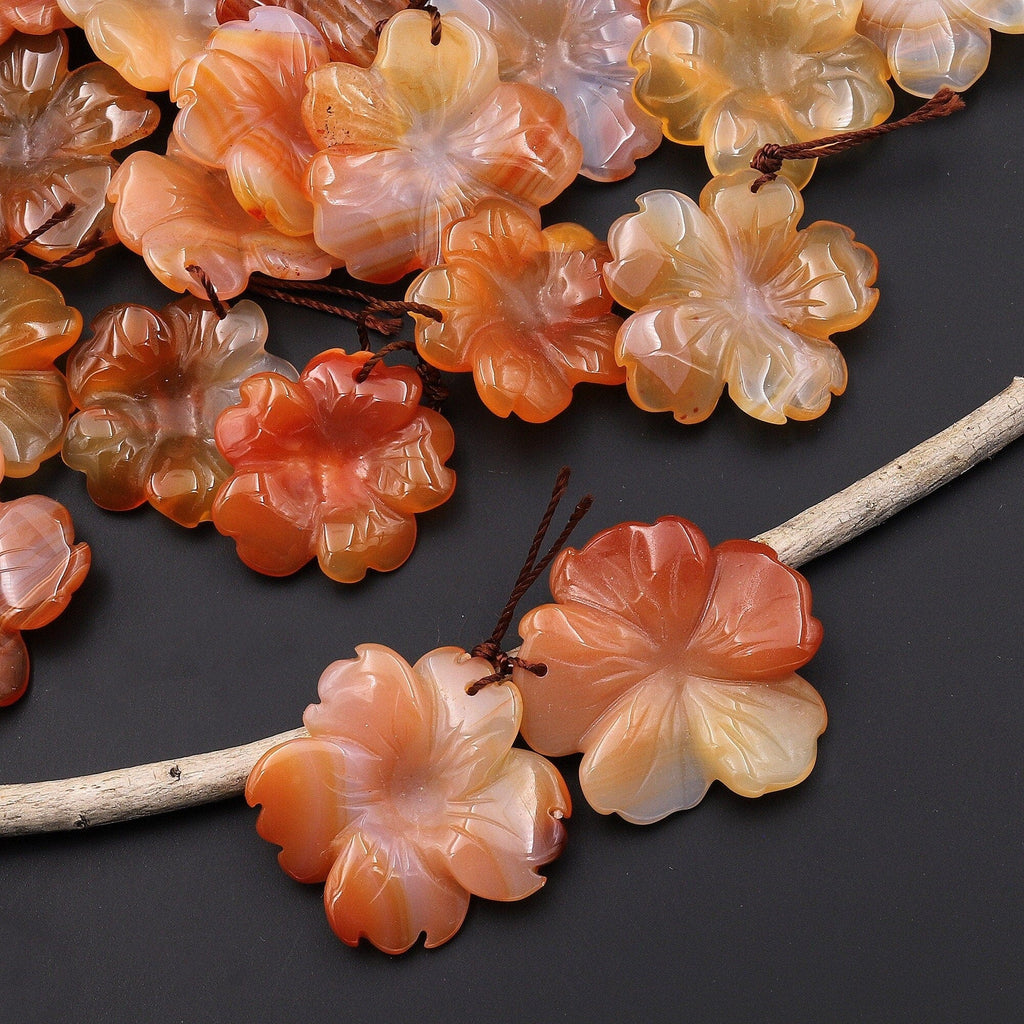 Hand Carved Natural Peach Orange Carnelian Flower Earring Pair Drilled Translucent Gemstone Matched Beads