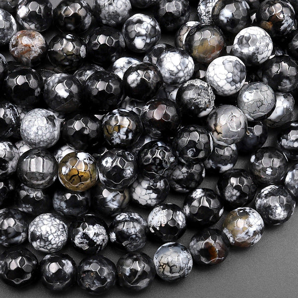Faceted Black Dragon Vein Agate Aka Black Fire Agate 8mm Round Beads 15" Strand