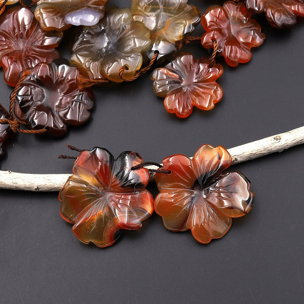 Hand Carved Natural Dark Orange Red Carnelian Flower Earring Pair Drilled Gemstone Matched Beads