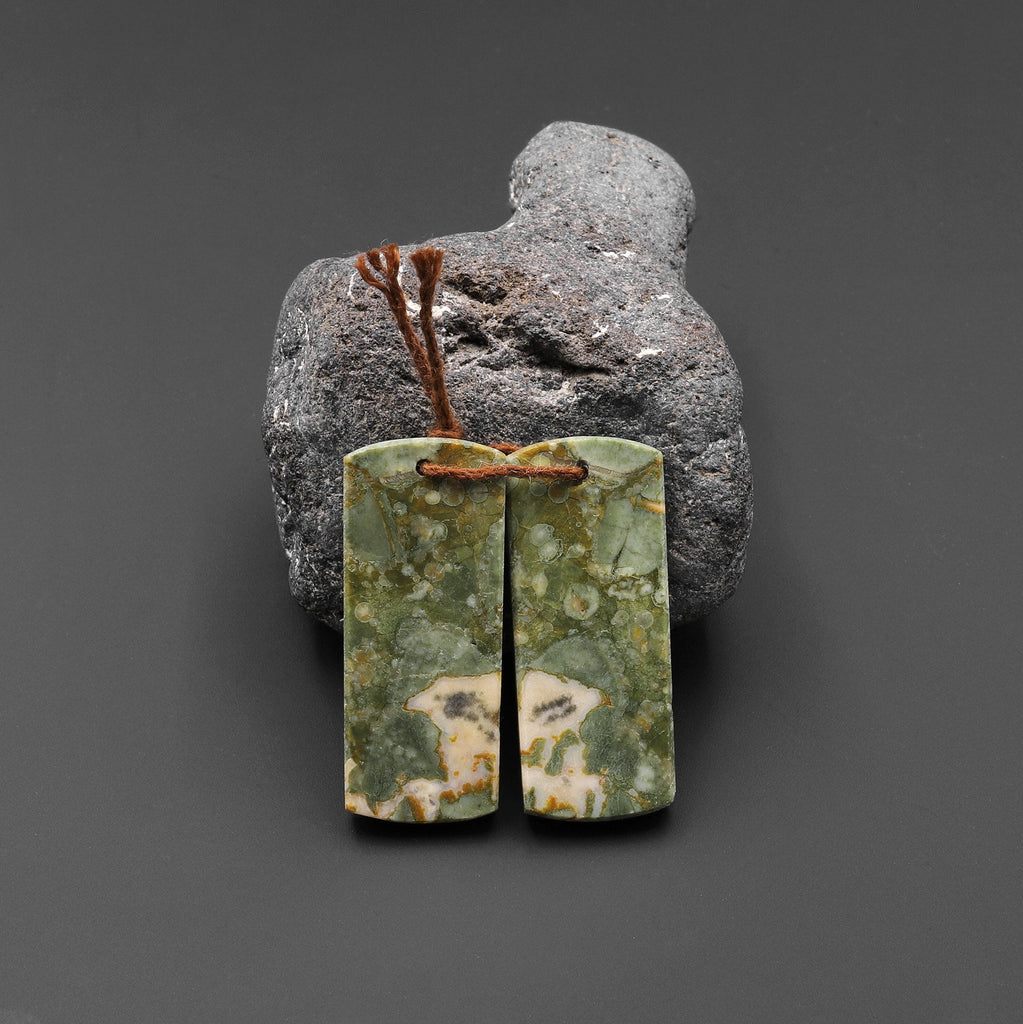 Natural Rainforest Rhyolite Jasper Matched Flat Rectangle Earring Pair Beads A4