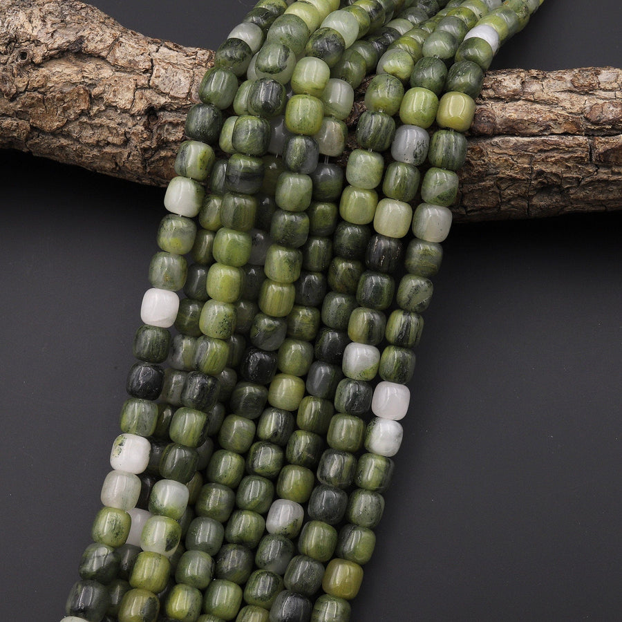 Natural Green Actinolite Quartz Smooth Drum Cylinder Beads 15.5" Strand