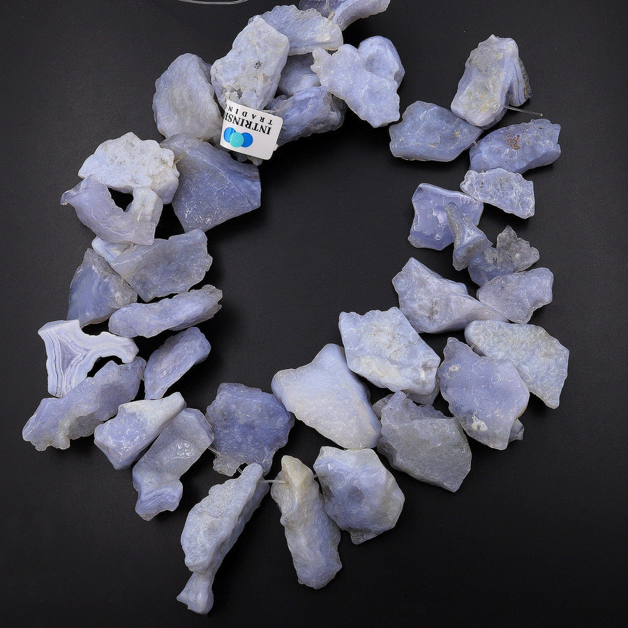 Large Freeform Natural Blue Chalcedony Geode Slice Druzy Slice Beads Side Drilled Blue Lace Agate 15.5" Strand