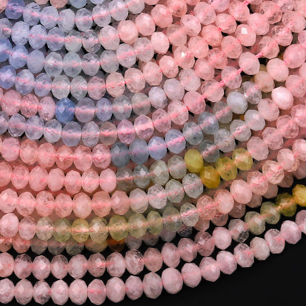 AAA Faceted Natural Multicolor Blue Green Aquamarine Pink Morganite 4mm Rondelle Beads 15.5" Strand
