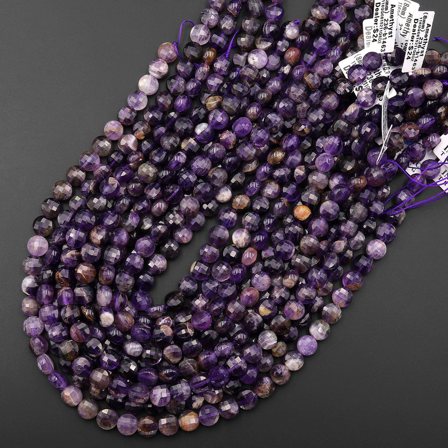Natural Purple Phantom Amethyst Faceted Coin 6mm 8mm 10mm 15.5" Strand