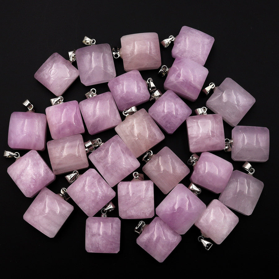 Natural Kunzite Pendant Puffy Square Gemstone Focal Bead