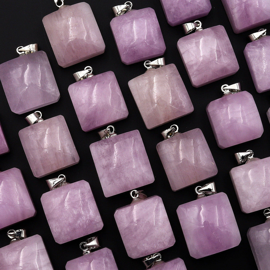 Natural Kunzite Pendant Puffy Square Gemstone Focal Bead