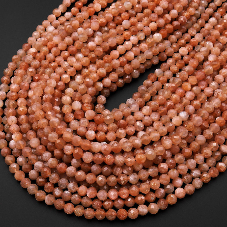 AAA Faceted Natural Fiery Orange Sunstone Round Beads 6mm 15.5" Strand