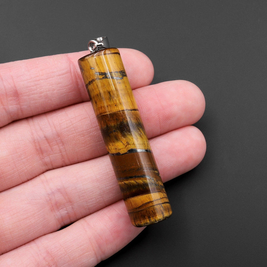 AAA Natural Golden Chatoyant Tiger's Eye Long Cylinder Pendant Natural Crystal Focal Bead