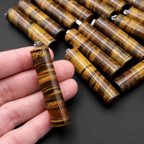 AAA Natural Golden Chatoyant Tiger's Eye Long Cylinder Pendant Natural Crystal Focal Bead A3